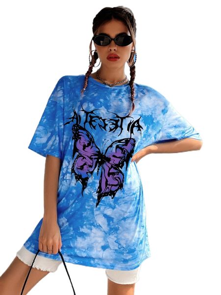 

butterfly print tie dye drop shoulder tee 02hz#, White