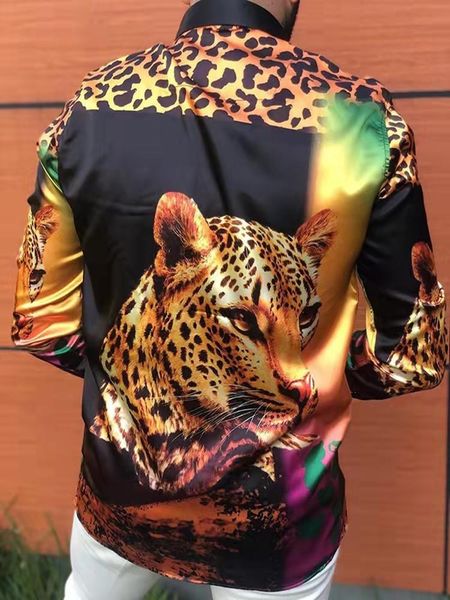 Erkekler Sıradan Gömlekler Bahar Moda Erkekler Down-Down Buttoned Shirt Tasarımcı Leopar Baskı Uzun Kollu Erkek Kıyafetleri Prom Hardi