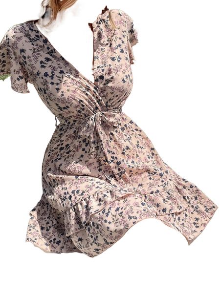 

ditsy floral print butterfly sleeve layered hem belted dress z3um#, Black;gray