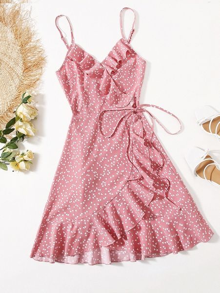 

allover heart print ruffle detail wrap belted slip dress e7if#, Black;gray