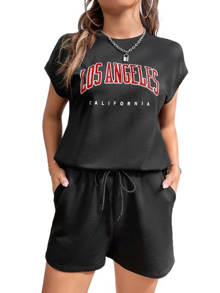 

letter graphic batwing sleeve tee & drawstring waist shorts b9xb#, White