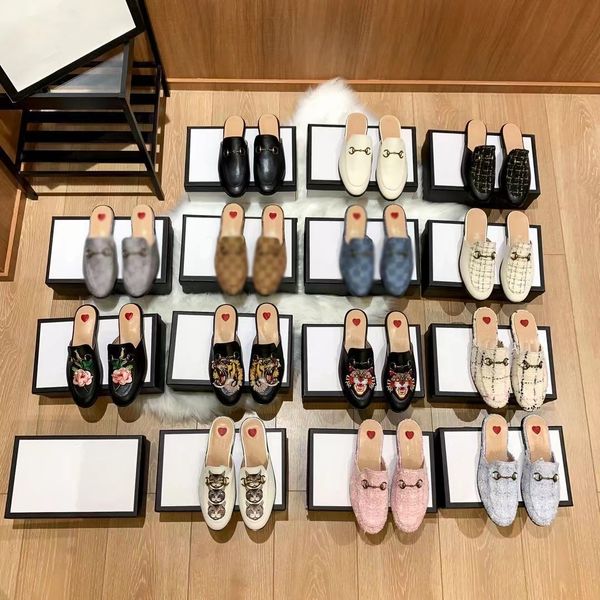 

designer mules slippers women loafers genuine leather sandals luxury casual shoes horsebit half drag princetown metal chain shoe, Black