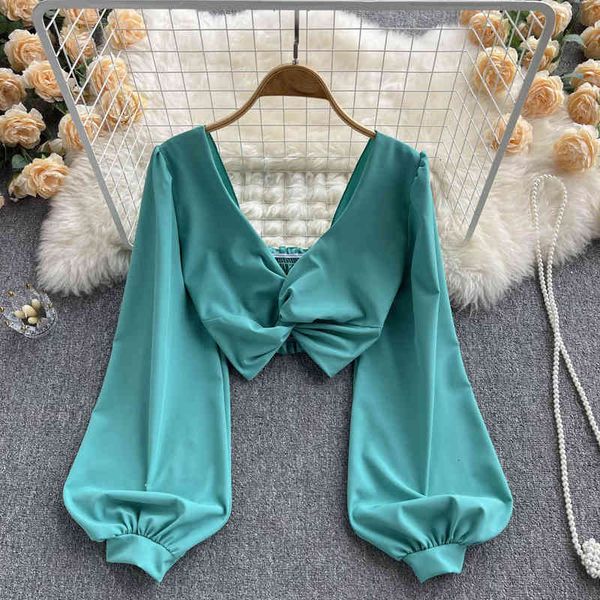 

women's blouses & shirts spring and summer korean style deep v-neck kink bubble long sleeve short navel exposed shirt blouse women q9lm, White