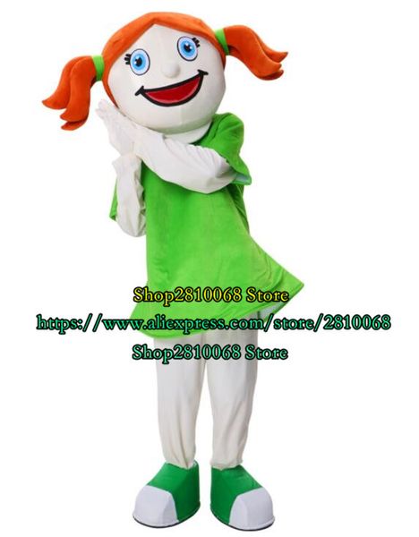 Maskottchen-Puppenkostüm. Süßes Smiley-Mädchen-Maskottchenkostüm mit orangefarbenen Haaren und grünem Rock, Zeichentrickfigur, Geburtstagsfeier, Halloween-Geschenk 1160