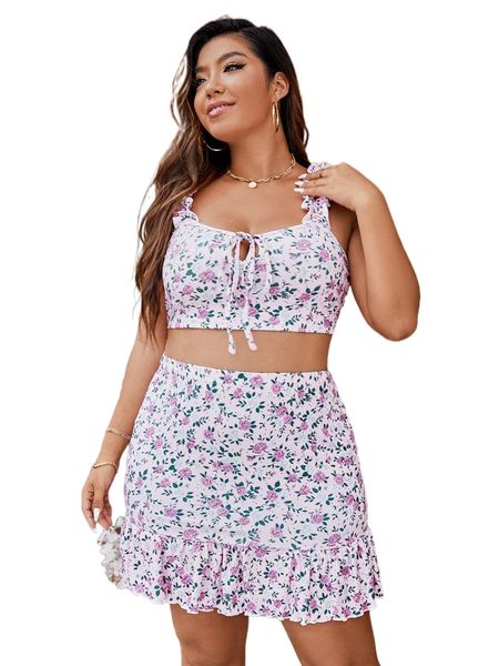 

plus floral print knot front crop & ruffle hem skirt i13e#, Black