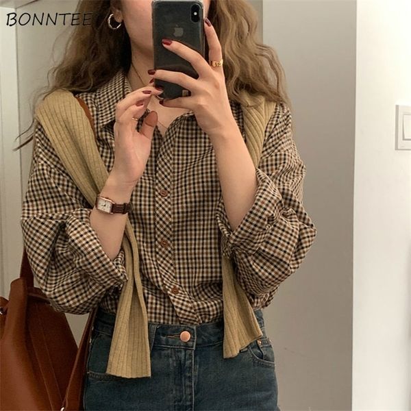 

plaid shirts women elegant basic classic turn down collar retro loose office lady korean style long sleeve blouses femme clothes 220812, White