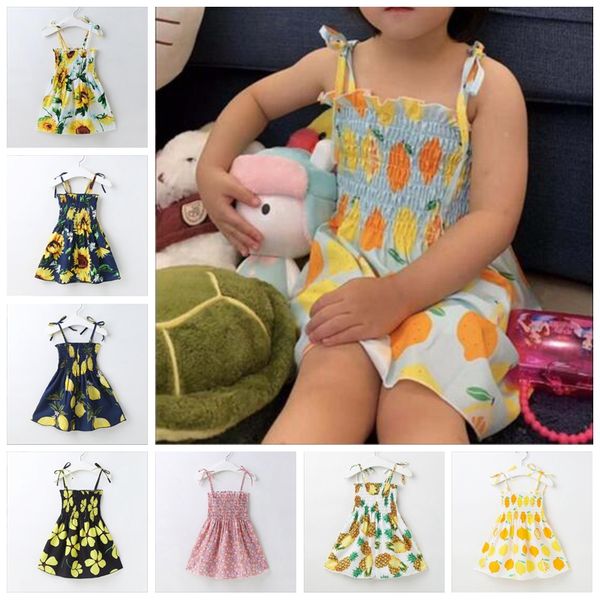 girls dresses kids designer clothes baby summer sunflower a-line dresses lemon pineapple child infant strappy strapless dress newborn boutiq, Red;yellow