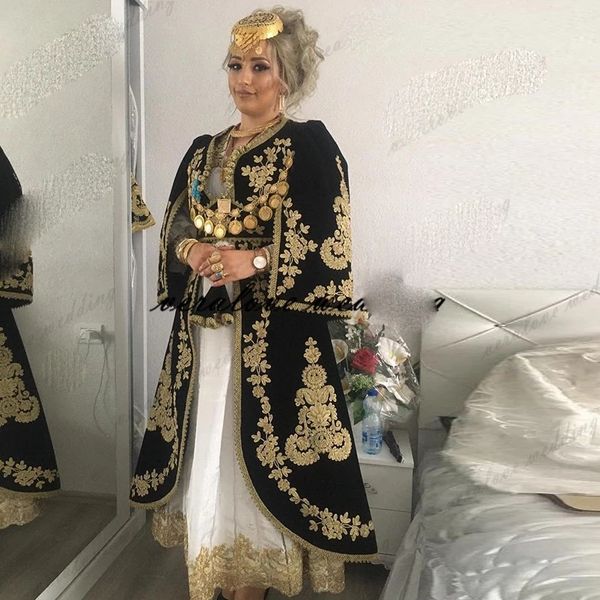Abito da sera algerino Karakou con giacca a maniche lunghe in oro con applicazioni in pizzo Chalka Prom Gowns Festa formale musulmana