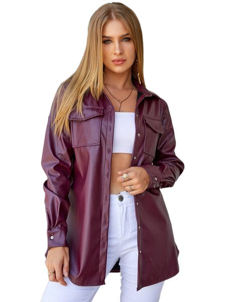 

eilly bazar button front belted pu leather overshirt d3x3#, Black