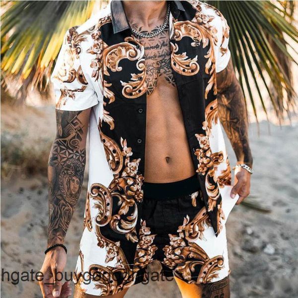 

fashion mens summer tracksuit hawaiian sets t-shirts printing luxury men swim short sleeve button shirts beach shorts streetwear casual shir, Gray