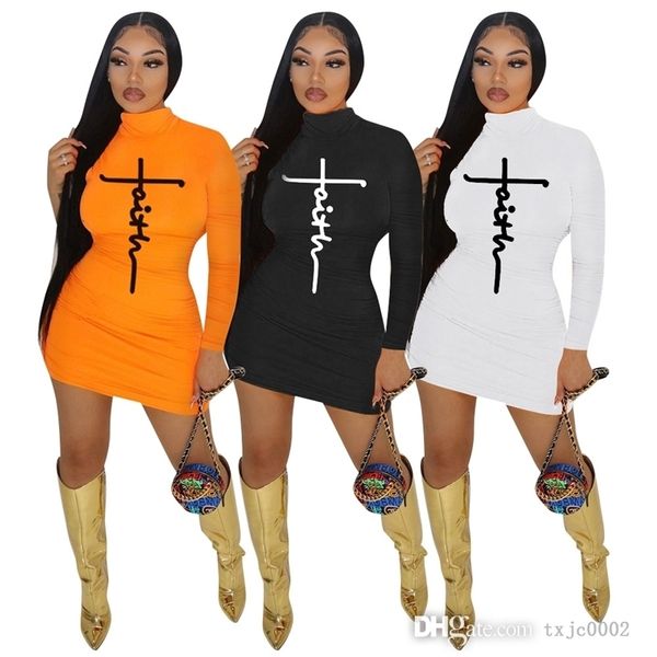 

fashion womens dress printing letter autumn and winter women long sleeve dresses solid color casual midi skirt, Black;gray
