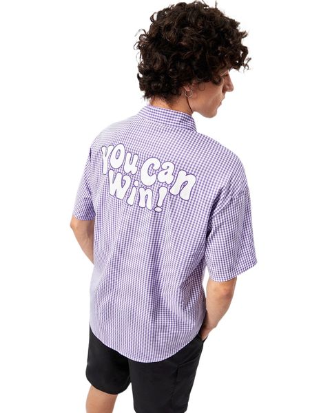 

men gingham & slogan graphic patched pocket shirt e91z#, White;black