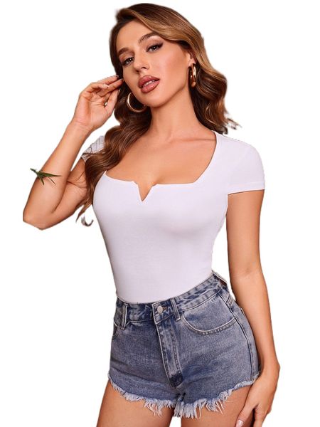 

tall solid notched neck tee k38o#, White