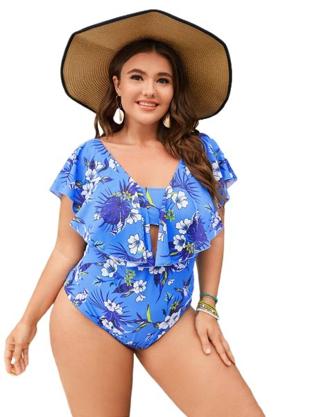 

plus floral ruffle hem one piece swimsuit n1ek#, White;black