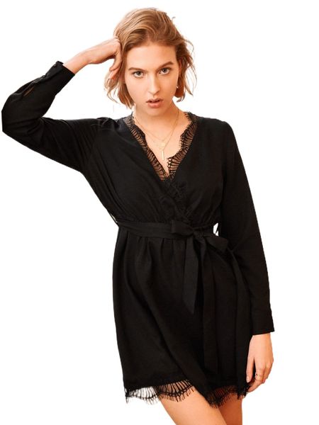 

surplice neck lace trim self belted dress f5pg#, Black;gray