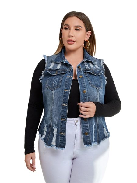 

plus ripped raw cut vest denim jacket v8m2#, Black;brown