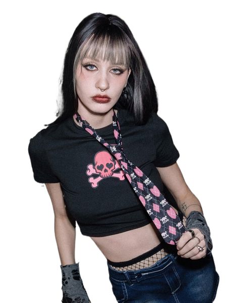 

romwe punk rock skull graphic crop tee & tie i3jz#, White
