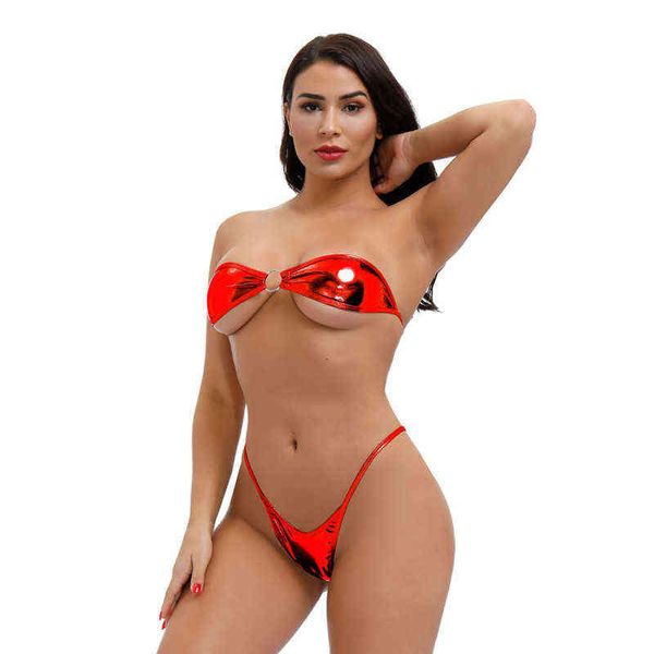 Micro Bikini Plus Size Bademode Damen Badeanzug Damen Biquini Bikinis Lackleder Bronzing Trägerlos Brustwickel String Tanga Y220420