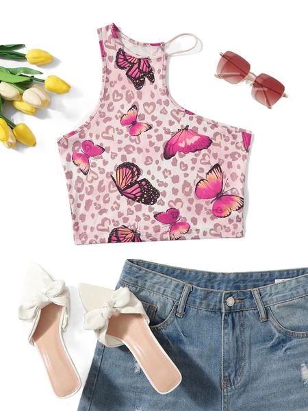 

b.utterfly & l.eopard print a.symmetrical n.eck t.op s7z4#, White