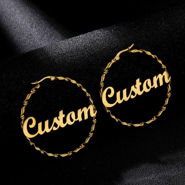 

customized personalized thread style stainless steel name earrings for women custom hip hop letter nameplate jewelry 220718, Golden
