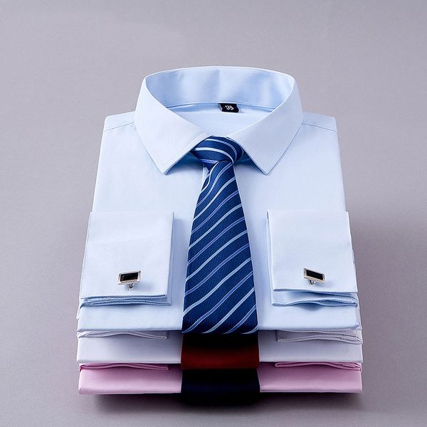 

dress men french cuff shirts long sleeve social work business non-iron formal men solid white shirt with cufflinks aa, White;black