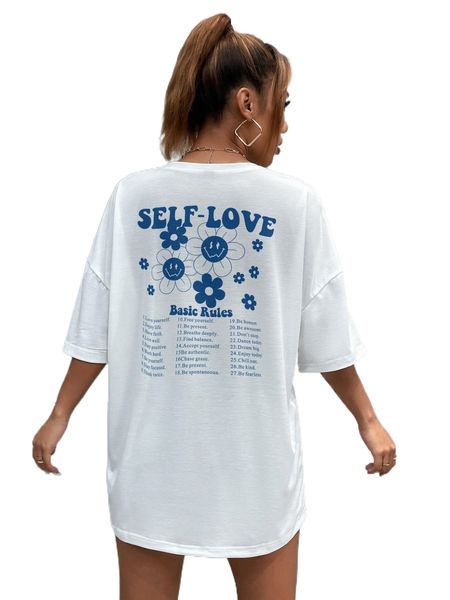 

floral & slogan graphic drop shoulder tee 068h#, White