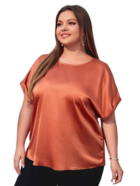 

plus roll cuff batwing sleeve satin blouse j9fl#, Black