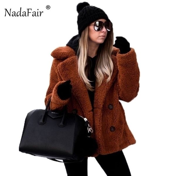 

nadafair casual teddy coat winter fleece plus size warm thick faux fur jacket coat women pockets plush overcoat outwear y200109, Black