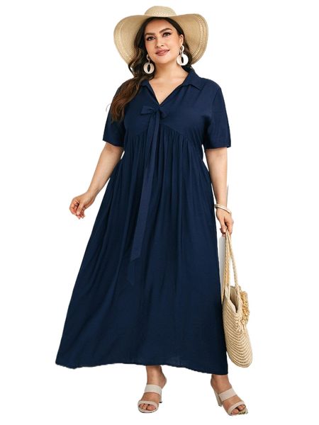 

plus solid bow front maxi smock dress d1lq#, Black