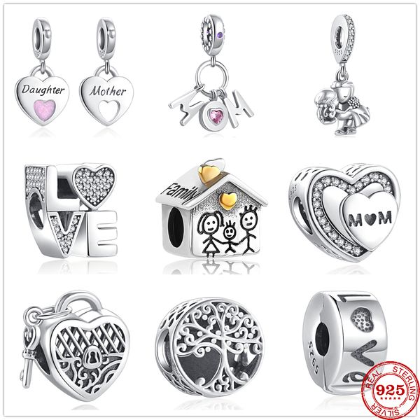 925 Sterling Silver Dangle Charm Família Mãe Lock Love Clip Beads Bad Fit Pandora Charms Bracelet Diy Acessórios