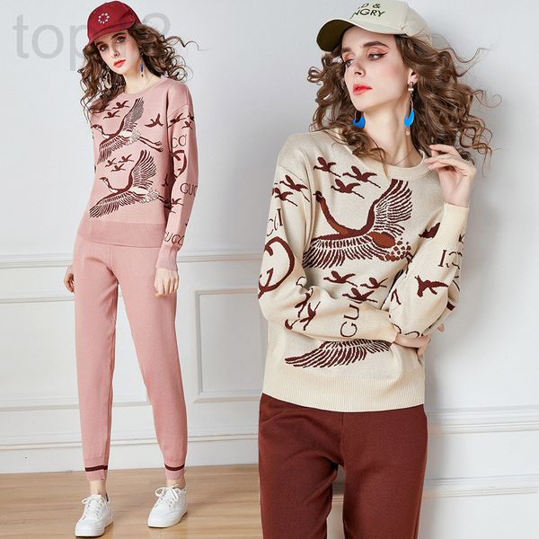 

women's tracksuits designer 2021 autumn and winter new fashion leisure long sleeve crane pattern knitted sweater + slim fitting pants t, Gray