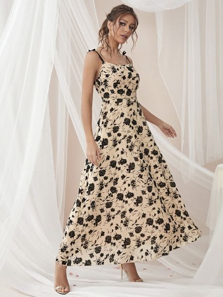 

floral print tie shoulder cami dress w5fk#, Black;gray