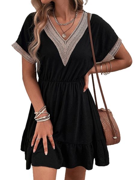 

guipure lace panel batwing sleeve ruffle hem dress w7gx#, Black;gray
