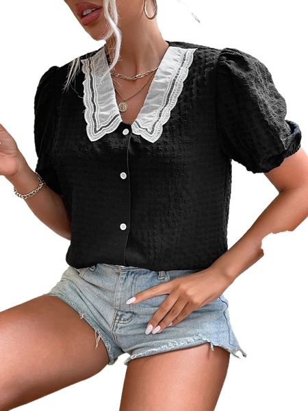 

contrast collar puff sleeve blouse h9dn#, White