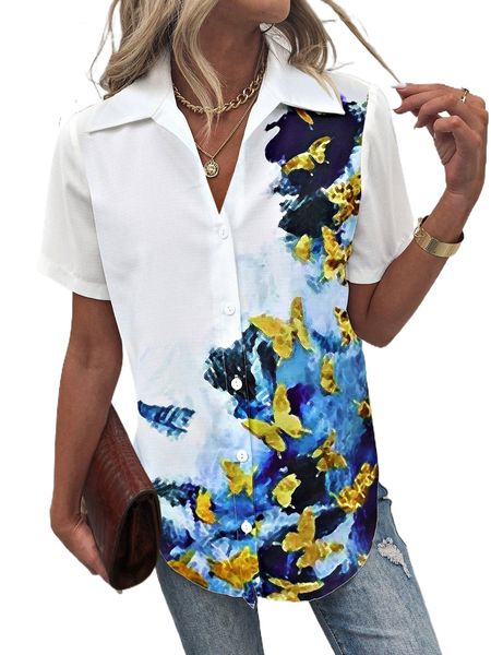 

butterfly print curved hem shirt j9dp#, White