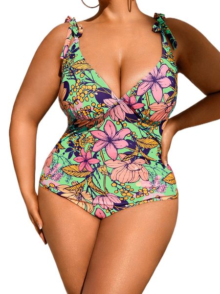 

plus floral print one piece swimsuit b2ei#, White;black