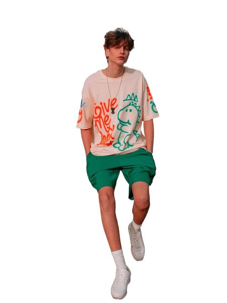 

men dinosaur & slogan graphic drop shoulder tee b9k9#, White;black