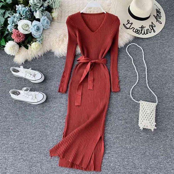 

casual dresses v-neck mingai temperament waist closing dress medium long autumn winter knitted sweater bottomed skirt sleeve split yn6l, Black;gray