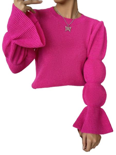 

round neck gathered flounce sleeve sweater z9aq#, White;black