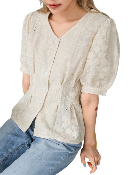 

dazy embroidery eyelet button through blouse c56j#, White