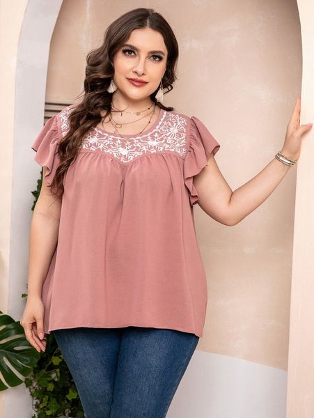 

plus floral embroidery butterfly sleeve blouse 77ta#, Black