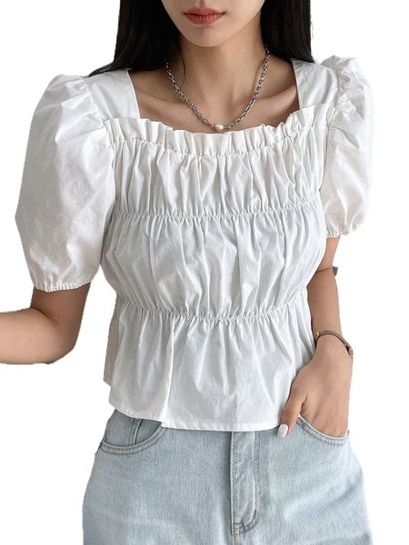 

dazy frill trim puff sleeve ruched crop blouse h5rg#, White