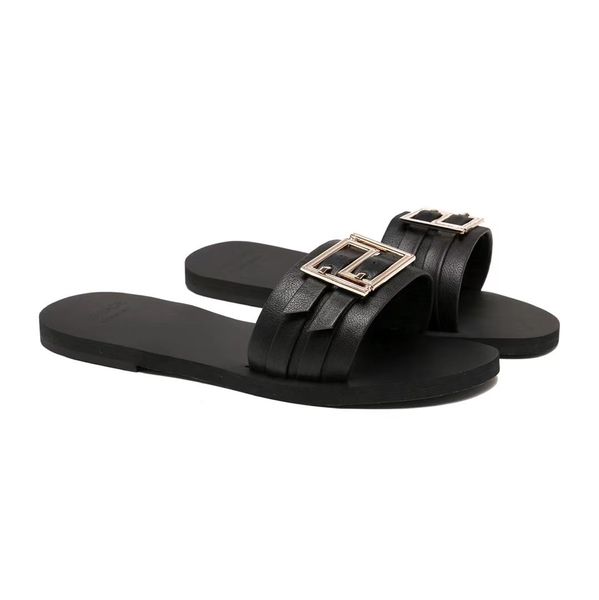 

2022 new design women's fashion flat slippers girls casual outdoor indoor leather slides lady summer beach big size 42 43 slipper shoe, Black