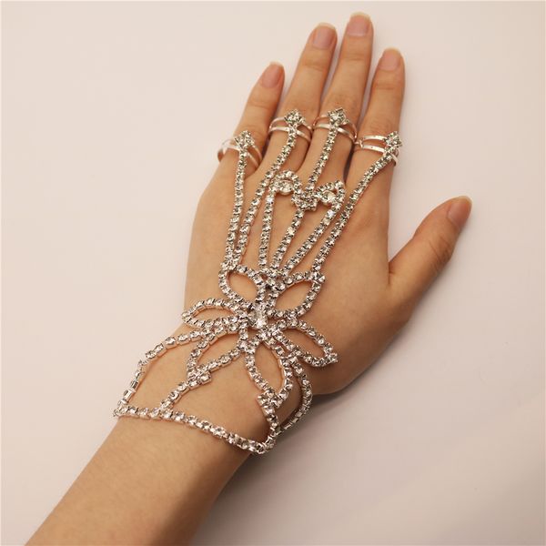 Elegante Mode Strass Blume Form Hand Zurück Kette Boho Braut Hochzeit Sexy Kristall Ring Klaue Kette Exquisite Schmuck Geschenk