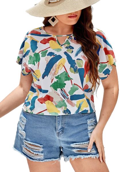 

plus batwing sleeve splash print i1p3#, Black
