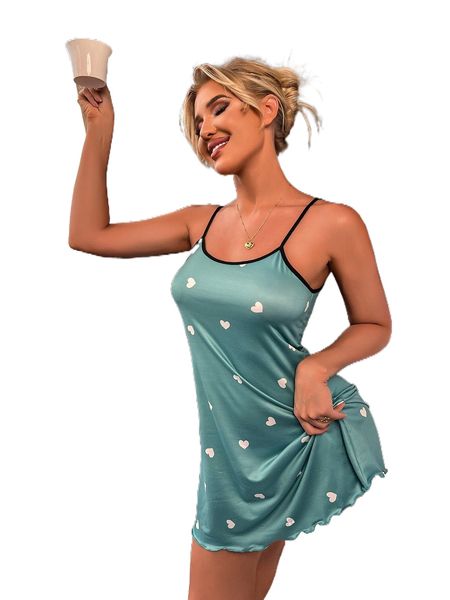 

heart print lettuce trim slip night dress 33aj#, Black;red