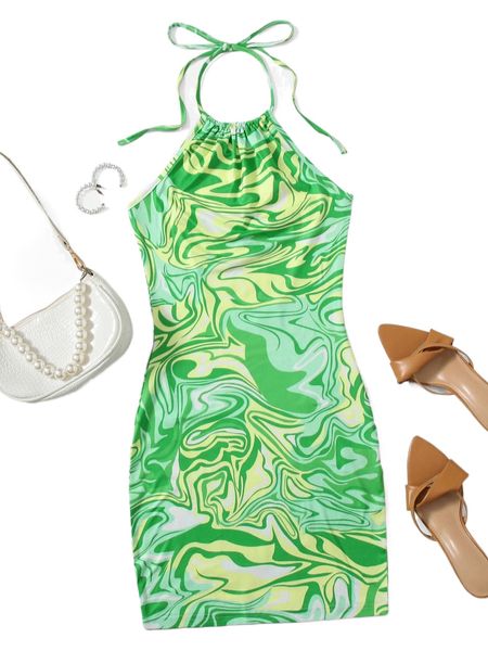 

marble print ruched halter dress t9at#, Black;gray