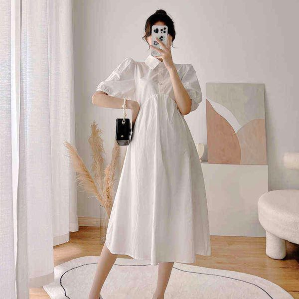 Summer TurnDown Collar Manicotto di pasta sfoglia Donne incinte Abito tinta unita Vita alta Office Lady Abito elegante Abbigliamento premaman J220628