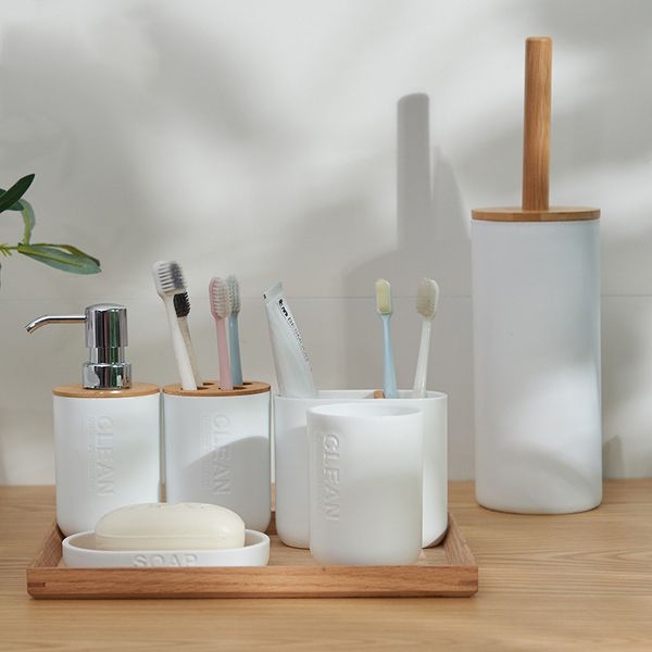 Bambu Seis peças Conjunto de banheiro escova de dentes de escova de dentes de gargara de copo de gargare de gargare loção