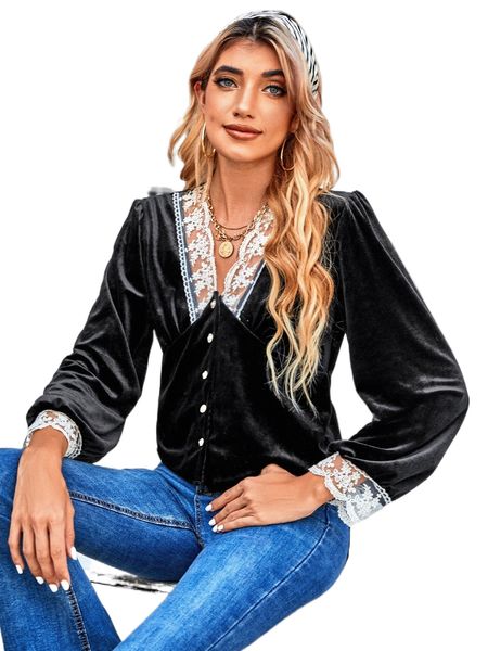 

embroidery mesh puff sleeve velvet blouse u4e3#, White